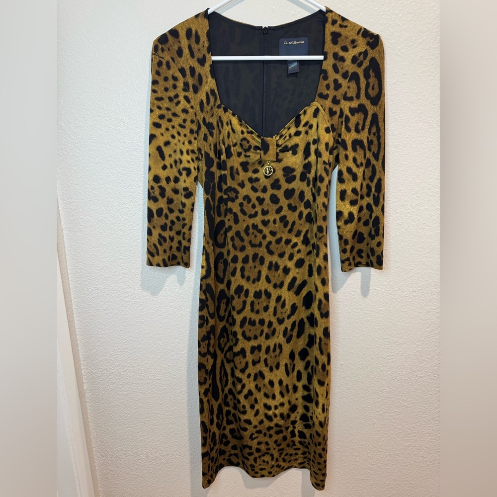 Roberto Cavalli Class Y2K Leopard Jaguar Skin Print‎ Bodycon Midi Dress Size 6
